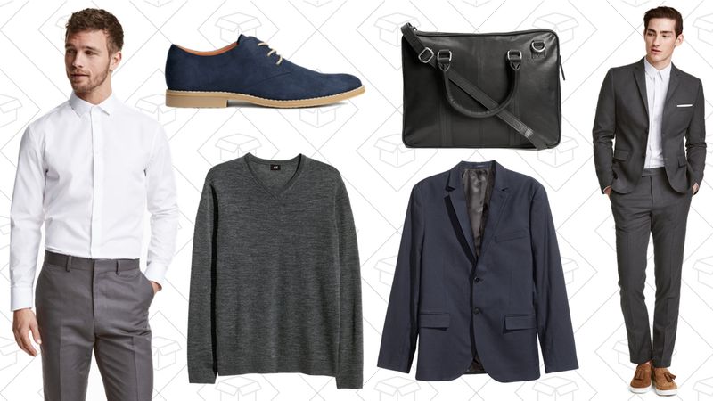 Premium Cotton Shirt, $25 | Derby Shoes, $35 | V-neck Merino Wool Sweater, $30 | Leather Shoulder Bag, $80 | Blazer Slim fit, $50 | Suit Pants Slim Fit, $25